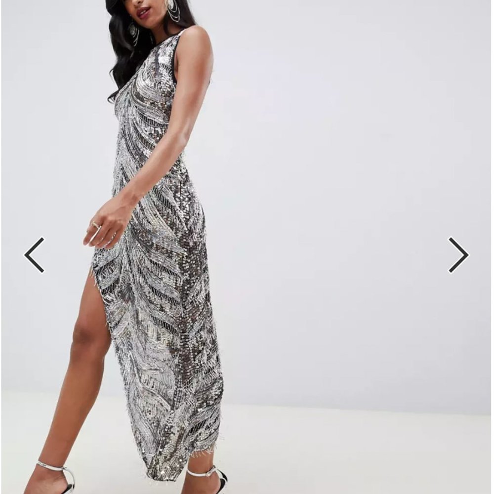 Asos Edition sequin and fringe asymmetric Dress (prom, wedding guest, party,)